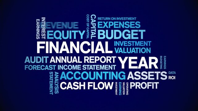 Financial Year animated word cloud-text design animation tag kinetic typography seamless loop.