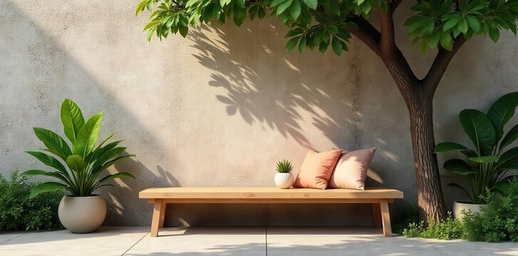 A serene wooden bench with plush cushions invites peaceful contemplation beneath the dappled shade of an ancient tree and lush greenery beside a textured wall
