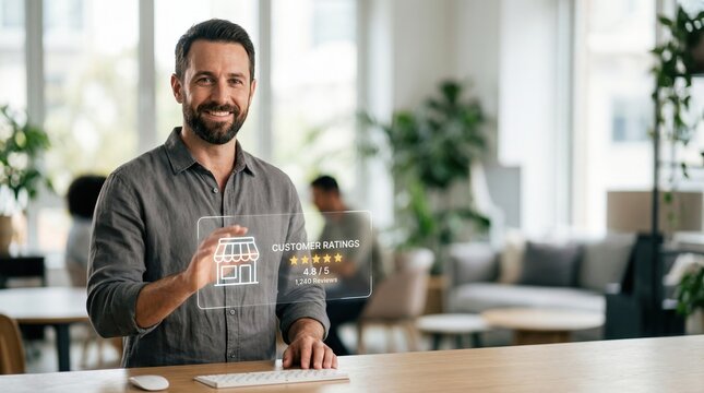 Smiling man touching a transparent customer ratings interface over a desk in a modern office. Small business reviews and star ratings displayed over a coworking workspace for service feedback and