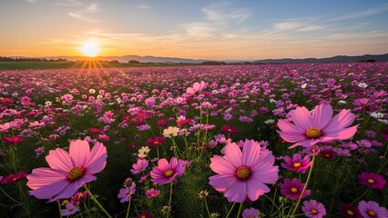 Obraz premium Vast Field of Pink Cosmos Flowers at Sunrise 1.