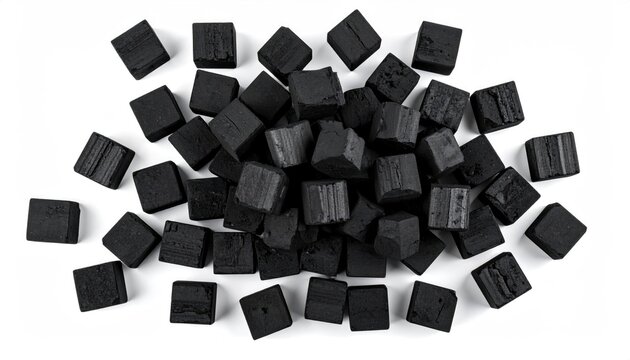 Top-down view of many small, dark, cube-shaped objects scattered on white