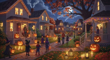 Naklejka premium A cozy Halloween neighborhood with houses adorned with lights and pumpkins, children in costumes, and a full moon in the sky.