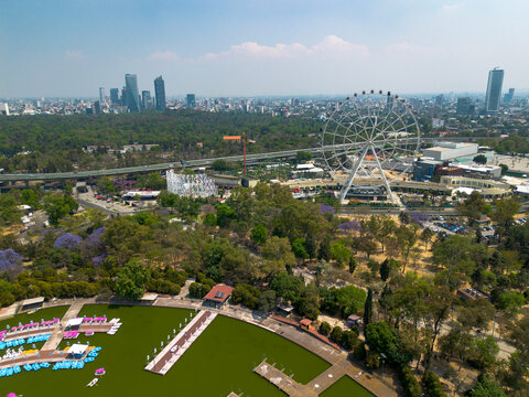 Drone view from Chapultepec area, Mexico City including Ferris wheel from Aztlan park