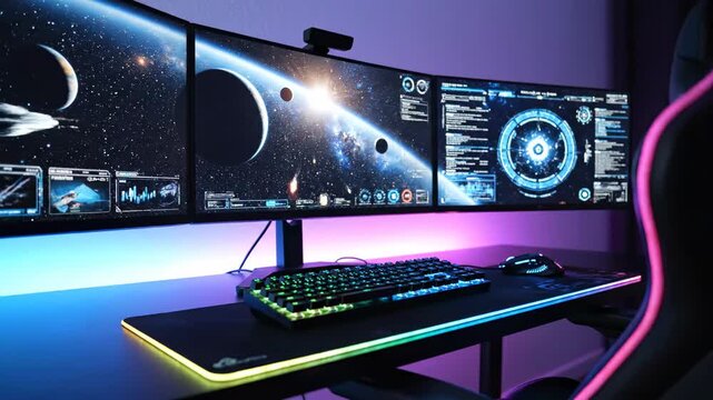 Vibrant RGB Gaming Setup with Triple Monitors