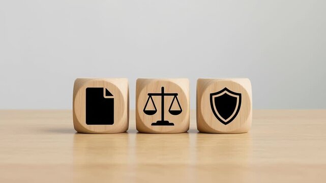 Business global compliance legal requirements policy regulatory concepts represented by wooden blocks document scale shield icons corporate governance protection professional setting