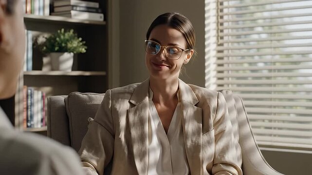 Professional woman in business interview in an office setting.