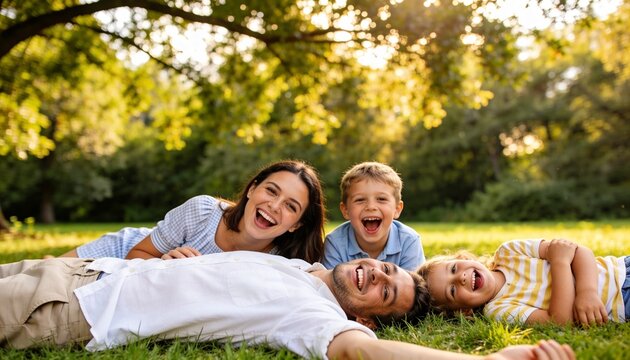 Happy Family of Four Laughing and Laying on Green Grass