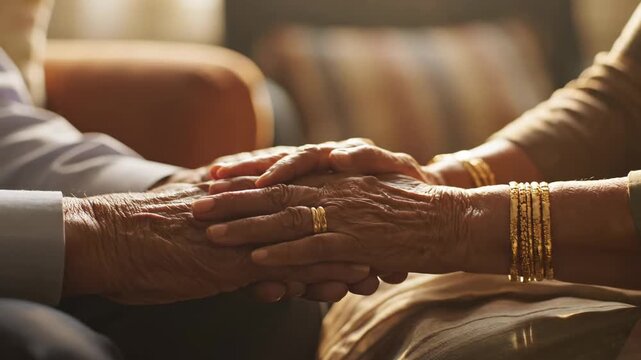 Elderly couple holding hands in a warm and intimate moment.