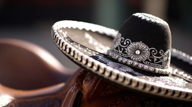 charro. An ornate Mexican charro hat resting on a leather saddle. event programs, museum guides, cultural reports, designed for cultural heritage projects and event programs, used by professors.

