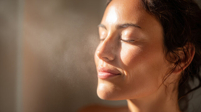 Woman enjoying refreshing face mist for glowing skincare