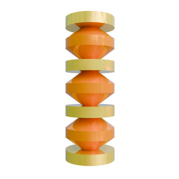 A tall, abstract 3D rendering of an object. It features three orange, spindle-shaped segments alternating with four flat, yellow cylindrical segments.