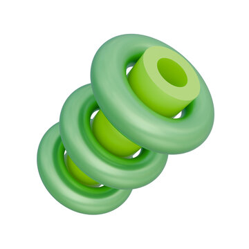 A 3D abstract illustration features three interconnected green rings, each with a lighter green cylindrical core. This stylized graphic is presented as a potential design asset.
