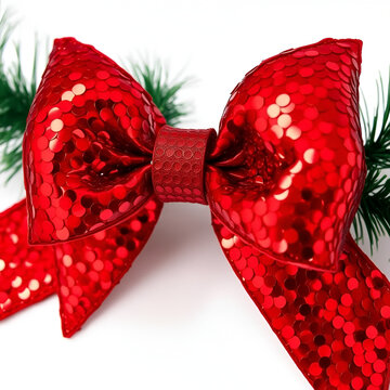 Close-up View of Shimmering Red Sequin Bow with Reflective Haziness, Perfect for Festive Decorations and Fashion Accessories in Various Lighting Conditions