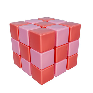 A 3D render depicts a cube-like structure made of alternating pink and coral-colored blocks. The 3x3x3 cube stands on a white surface, showcasing its vibrant, distinct layers.