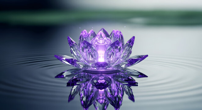 Captivating purple crystal lotus gracefully floating on tranquil water, its ethereal glow reflecting profound peace, spirituality, and serene meditative tranquility