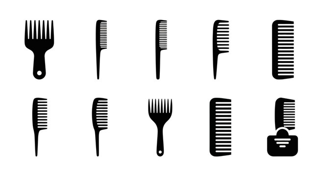 Collection of black silhouette icons representing various types of hair combs and grooming tools