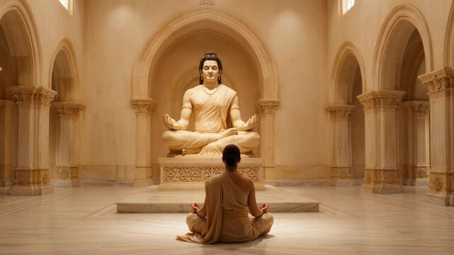 Devotee Meditating in Front of Lord Mahavira Statue Inside a Sacred Jain Temple with Elegant Architectural Details