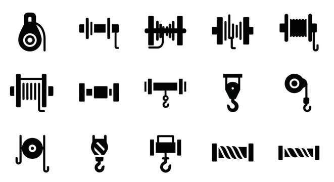 Industrial lifting equipment designs A collection of silhouette icons showcasing winches, hoists, and pulleys, perfect for engineering and construction visuals