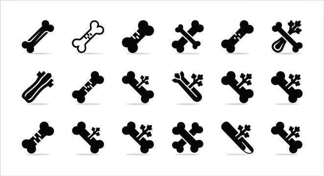 A comprehensive set of stylized bone vector icons, featuring diverse anatomical forms and graphic interpretations for various design applications