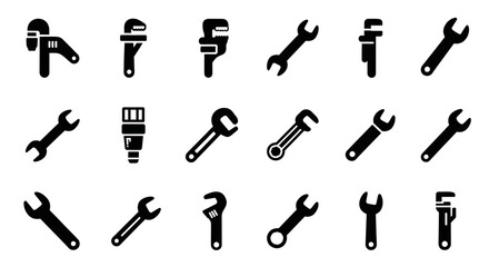 Collection of Various Wrench and Plumbing Tool Icons, Illustrating a Variety of Hardware and Repair Equipment