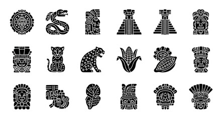 Ancient Mesoamerican Symbols Icon Set. Vector collection of Aztec and Mayan cultural elements gods, mythical creatures, pyramids, calendars, and indigenous flora © Art
