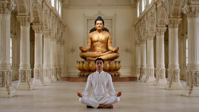 Devotee Meditating in Front of Lord Mahavira Statue Inside Elegant Jain Temple Hall