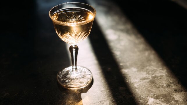 schnapps. Golden schnapps liquid in a crystal glass, light refraction on a dark surface, minimalist style. bar promotions, beverage menus, designed for product packaging and bar promotions.
