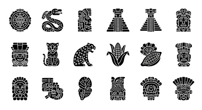 Ancient Mesoamerican Symbols Icon Set. Vector collection of Aztec and Mayan cultural elements gods, mythical creatures, pyramids, calendars, and indigenous flora