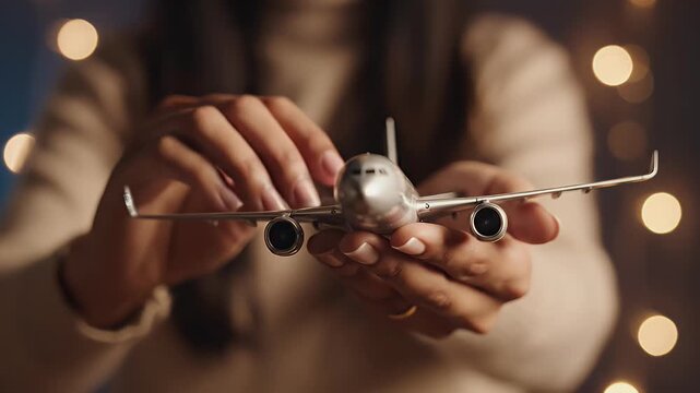 Person holding a silver model airplane with bokeh lights in the background