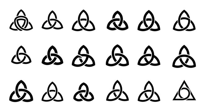 Collection of diverse Celtic knot symbols, including classic triquetra designs, representing interconnectedness, eternity, and cultural heritage in a versatile graphic set