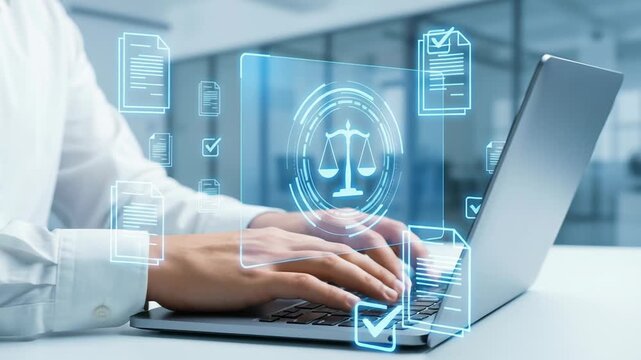Business global compliance legal requirements policy regulatory concept with hands typing on laptop keyboard for maintaining legal obligations and policy standards in competitive market