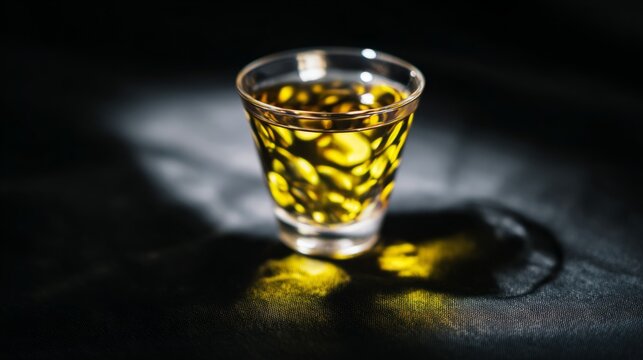 schnapps. Golden schnapps liquid in a crystal glass, light refraction on a dark surface, minimalist style. bar promotions, beverage menus, designed for product packaging and bar promotions.
