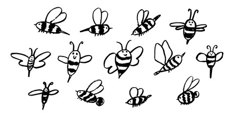 Set of hand drawn happy funny cute honey bee clipart Adorable flying striped insect friendly kawaii bumble bee For kids print, web, design, decor, logo © Daria Shane