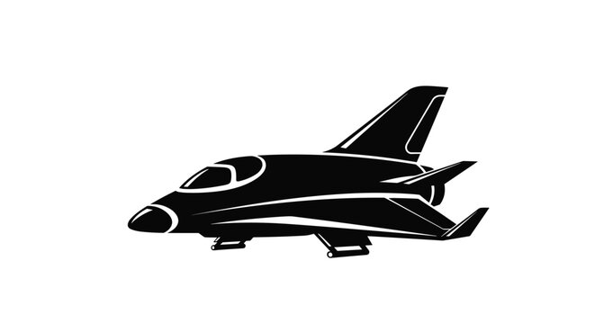 A sleek black silhouette of a futuristic jet plane with sharp angles and prominent wings is depicted on a stark white background.