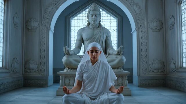 Devotee Meditating in Front of Lord Mahavira Statue Inside Sacred Jain Temple with Ornate Architecture