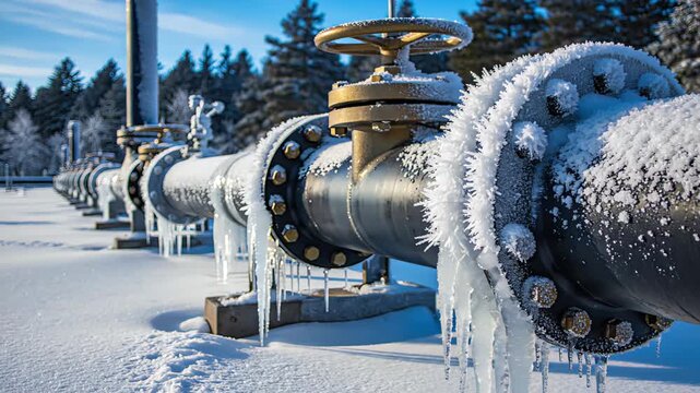 Industrial pipeline covered in ice and snow, showcasing a series of frozen valves and icicles against a backdrop of evergreen trees under a clear blue sky