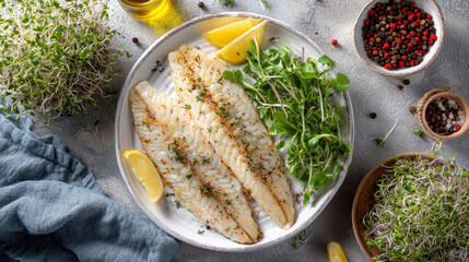 Top view of appetizing baked white fish slice fillet on plate with fresh lemon and arugula salad creating an inviting healthy meal