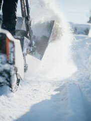 Heavy Duty Snow Blower Clearing High Drifts During Winter Storm, Commercial Snow Removal Equipment in Action with Frozen Spray Texture and Clean Copy Space