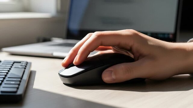 Hand Using Wireless Mouse: A close-up shot of a hand gracefully operating a wireless mouse, the sleek device rests on a clean desk next to a keyboard and laptop.