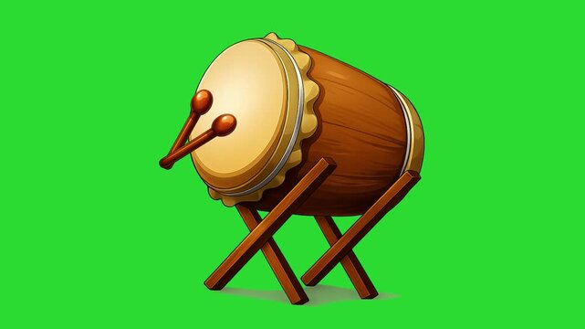 A high-quality 3D illustration animation of a traditional wooden Bedug drum with sticks, commonly used in mosques for prayer calls, isolated on a chroma key green screen