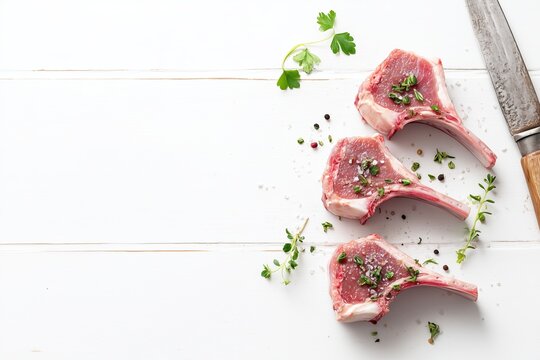 Raw lamb chops with salt, pepper and herbs over white wooden background 
