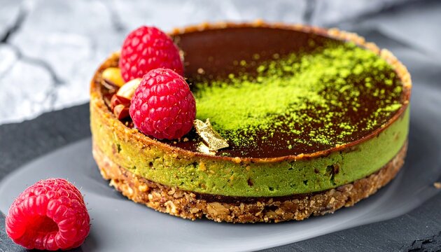 Delicious Green Matcha Tart Topped with Chocolate Ganache, Fresh Raspberries, and Nuts, a Perfect Dessert