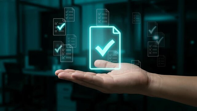 Business global compliance legal requirements policy regulatory concepts hand holding digital checklist symbolizing adherence to legal regulatory standards with check mark icon office background