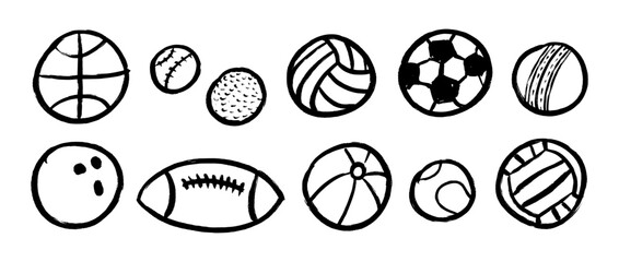 Fototapeta premium Crayon hand drawn sport ball collection. Kid pencil drawing pack for sticker, collage, label. Black pastel doodled football, baseball, basketball, volleyball, soccer balls set. Vector outline sketches