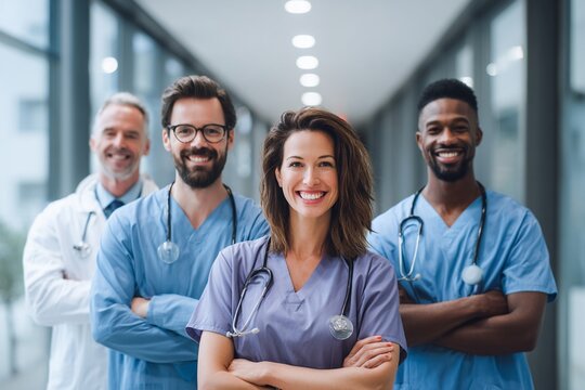 Multicultural Medical Team Standing Together in Modern Hospital Corridor