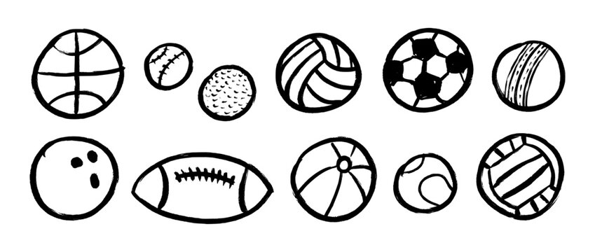 Crayon hand drawn sport ball collection. Kid pencil drawing pack for sticker, collage, label. Black pastel doodled football, baseball, basketball, volleyball, soccer balls set. Vector outline sketches