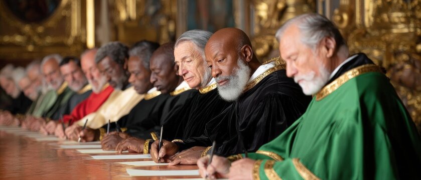 Diverse Senior Clergy Men Sitting at Long Table Writing During Solemn Religious Meeting in Ornate Grand Hall Setting with Gold Robes and Formal Atmosphere