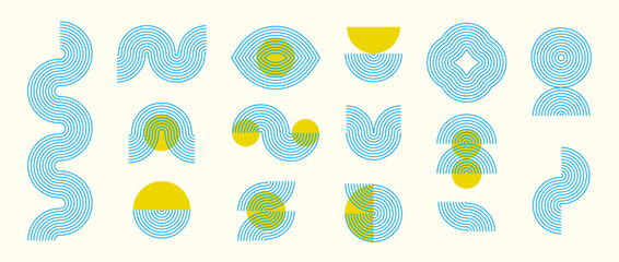 Obraz premium Blue boho linear element collection. Bohemian decorative wave and curve form set for badge, logo, card, poster, banner. Mid century geometric line arch and zigzag objects. Vector wavy arch shapes