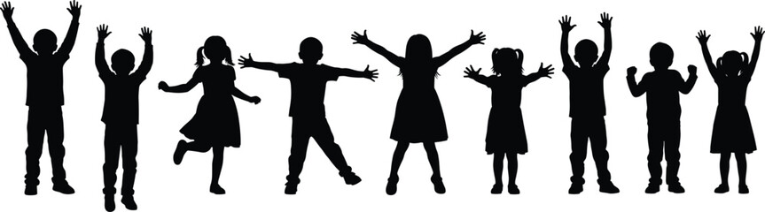Happy children silhouette, kids jumping together, group of children playing, joyful childhood moments, fun outdoor activity, energetic kids dance, excited youth, freedom, happiness, silhouette joy