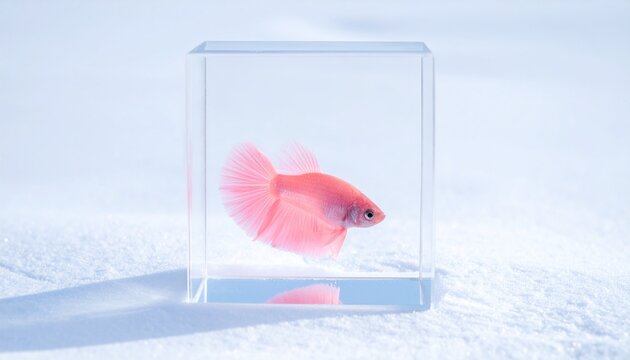 Vibrant pink betta fish swimming in clear glass box on snowy surface